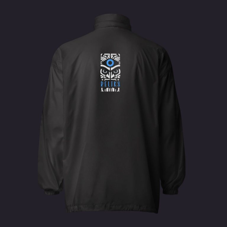 Vue de dos du coupe-vent noir unisexe Reliks, mettant en valeur le logo central.