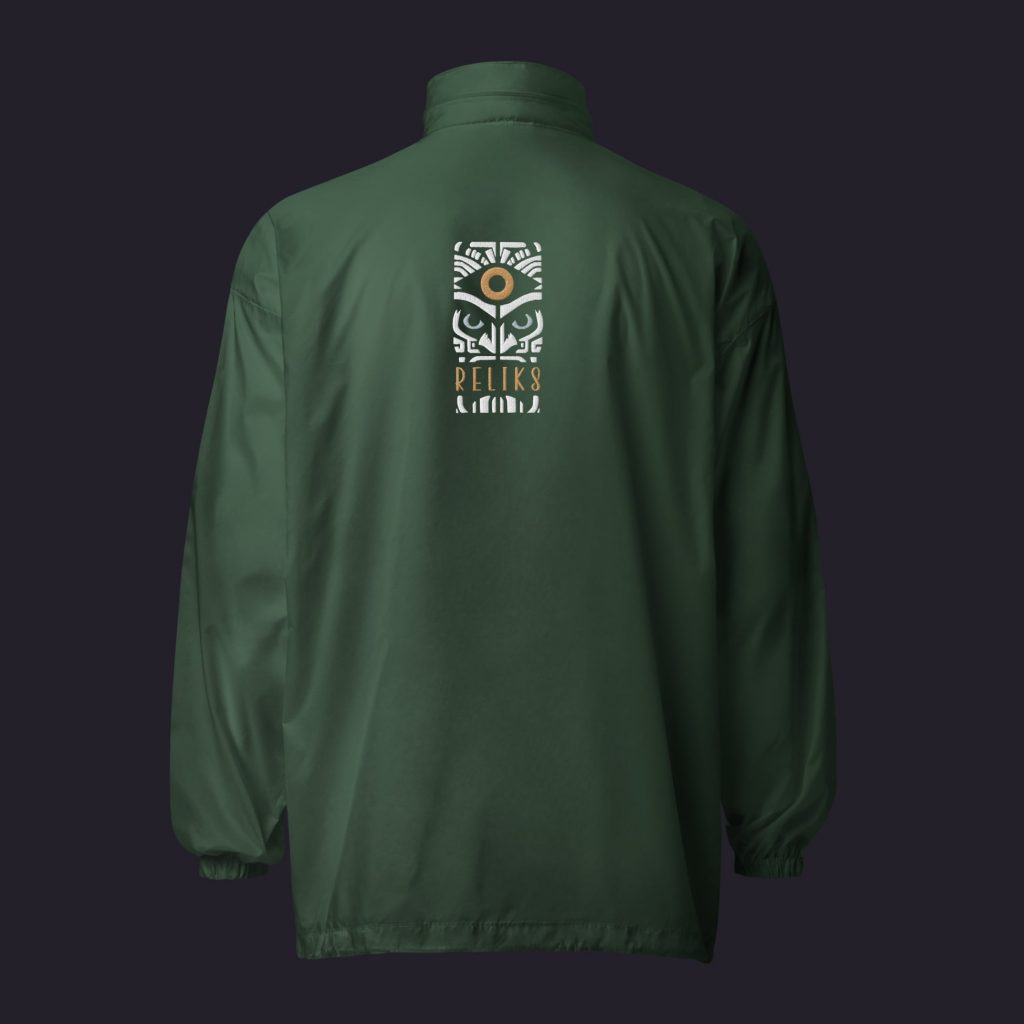 Vue de dos du coupe-vent vert unisexe Reliks avec logo imprimé.