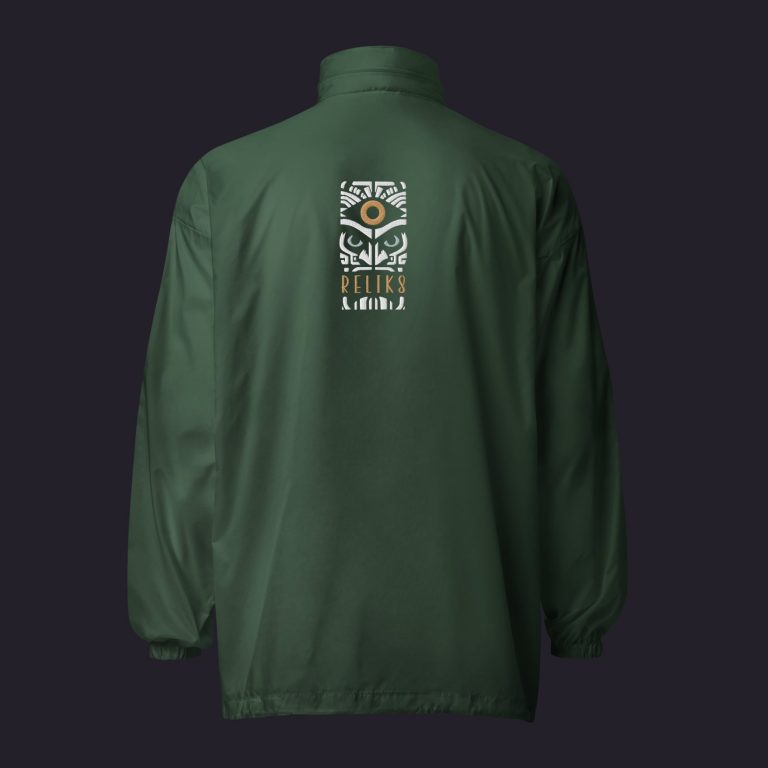 Vue de dos du coupe-vent vert unisexe Reliks avec logo imprimé.