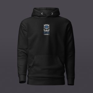 Sweat à capuche noir Charcoal Reliks avec logo brodé blanc et bleu sur la poitrine.