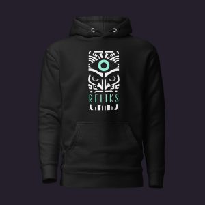 Sweat à capuche noir Reliks en gros plan avec un totem blanc au centre