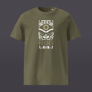 T-shirt basique vert army Reliks avec logo Totem géométrique et mystique